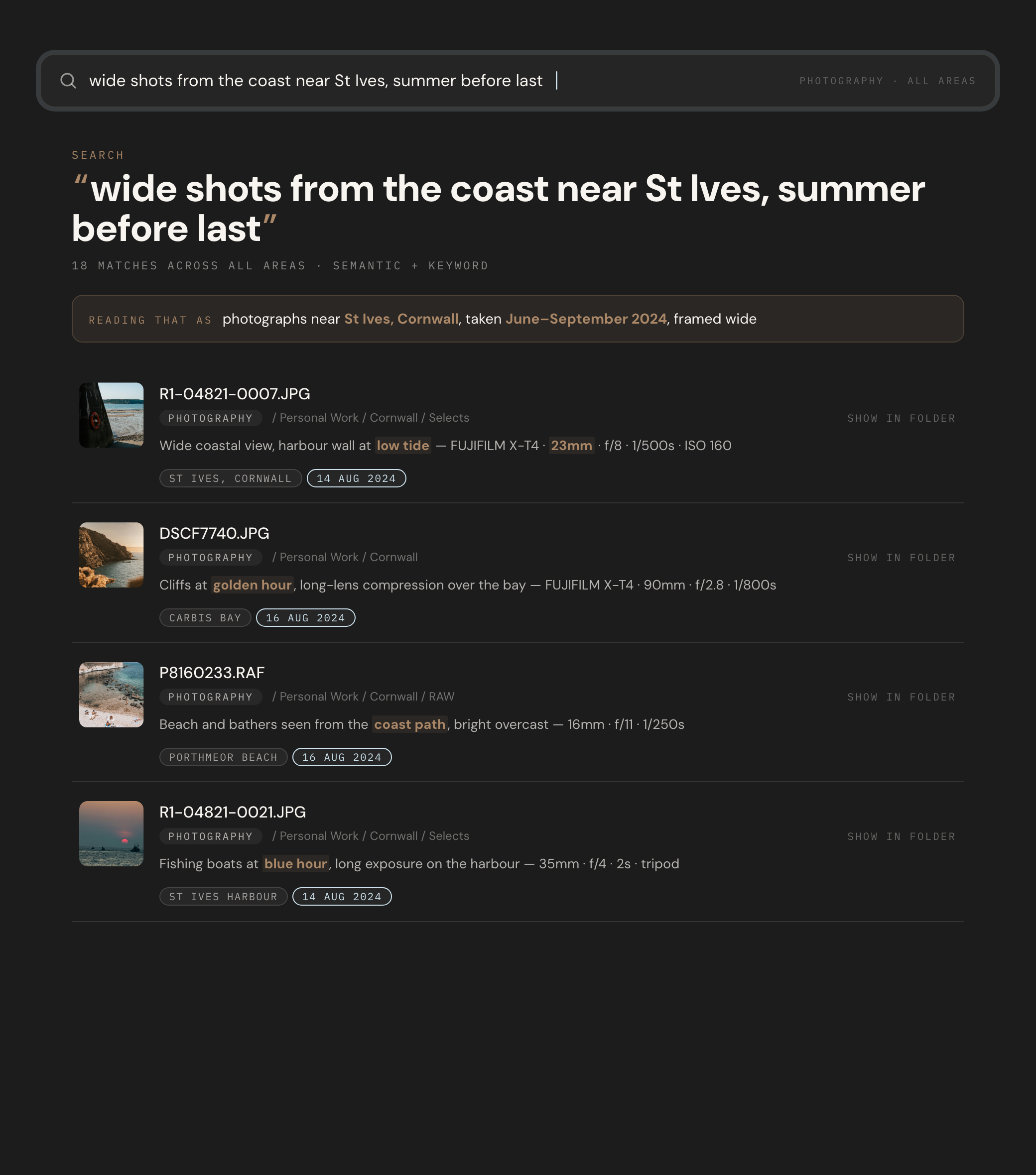 Searching “wide shots from the coast near St Ives, summer before last” in Stowary: results narrowed by location and date, with the camera, lens and settings read from each photograph.